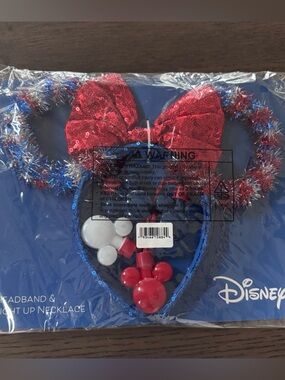 NEW Patriotic Disney Red Sequin Bow Headband and Light-Up Necklace Set